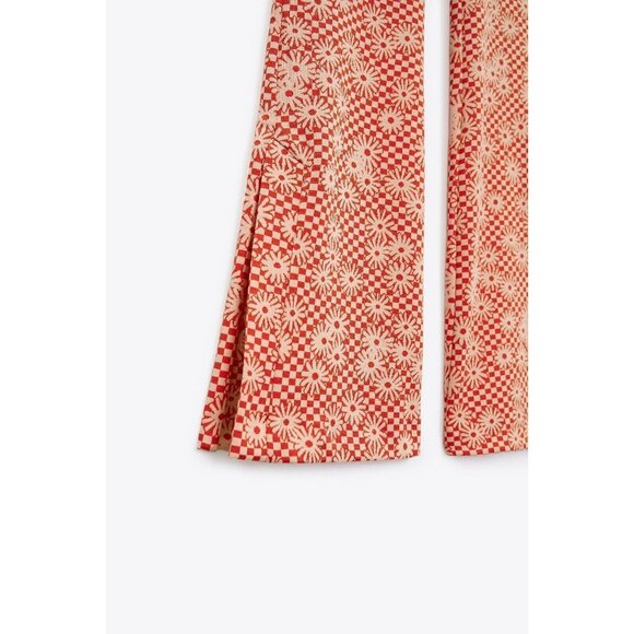 NEW ZARA Orange Daisy Print Flare Bottom Pants Size S Boho Hippie 70s Peace - Picture 4 of 7